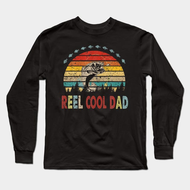 Vintage Retro Reel Cool Dad Fishing Hunting Father Day Long Sleeve T-Shirt by ANGELA2-BRYANT